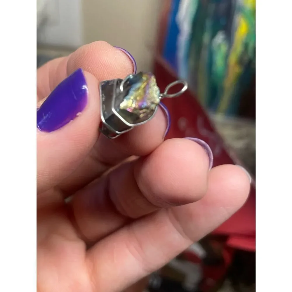 Handmade Small Rainbow Titanium Aura Stone Pendant Wrapped in Silver Wire